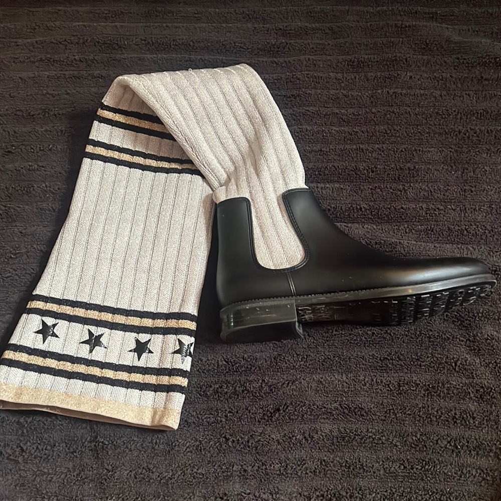 Givenchy Women's Storm Over The Knee Rain Boots Knit and Rubber Black